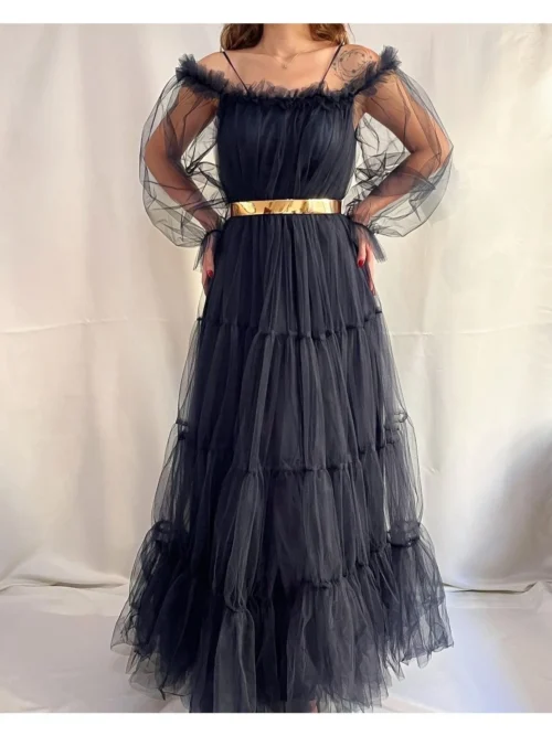 Kadın Lacivert Tamamı Tül Uzun Boy Uzun Kol Düğün Nişan Kına Isteme Davet Abiye Elbise