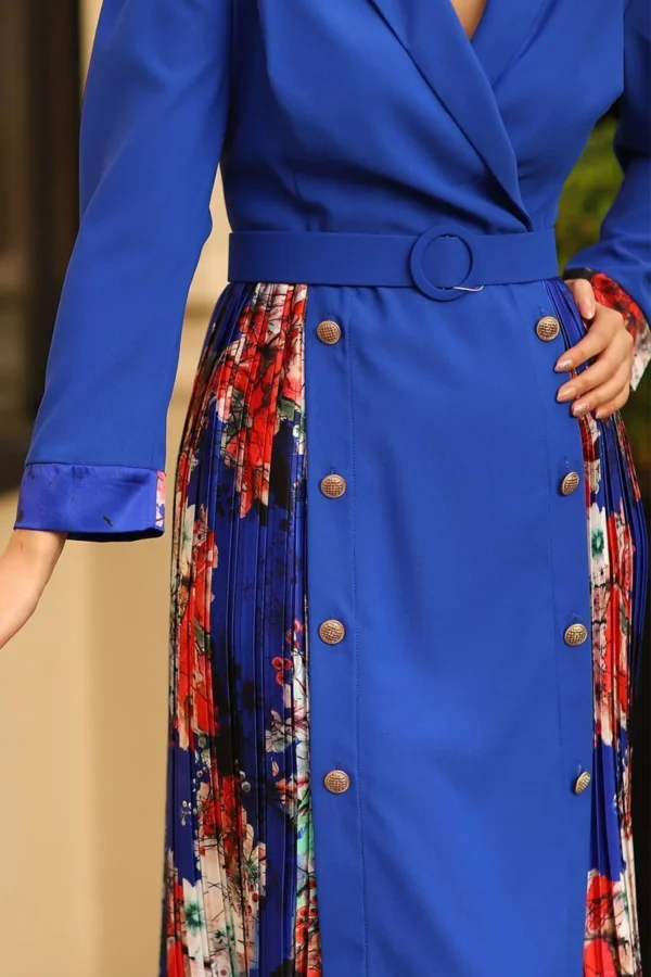 Kadın Mavi Midi Boy Kruvaze Yaka Pilise Detay Çiçek Desen Büyük Beden Elbise Ofis Günlük Düğün Davet