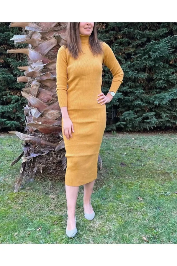 Kadın Midi Boy Camel Tam Balıkçı Fitilli Basic Triko Elbise