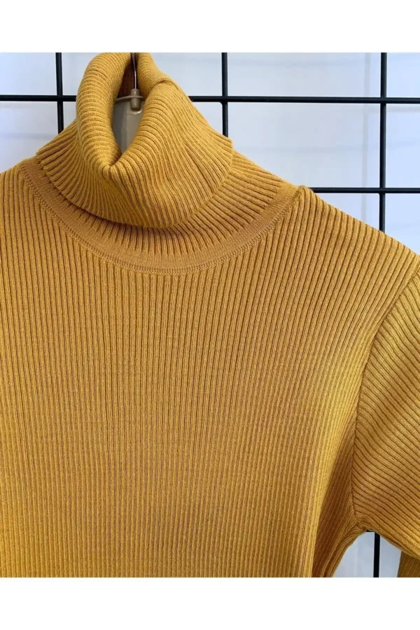 Kadın Midi Boy Camel Tam Balıkçı Fitilli Basic Triko Elbise