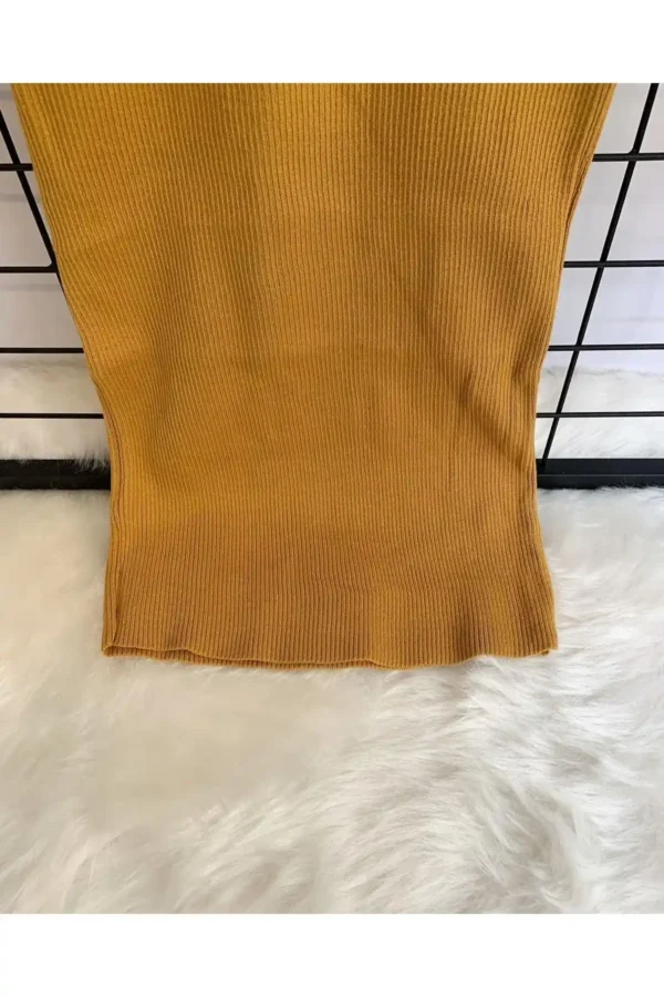 Kadın Midi Boy Camel Tam Balıkçı Fitilli Basic Triko Elbise