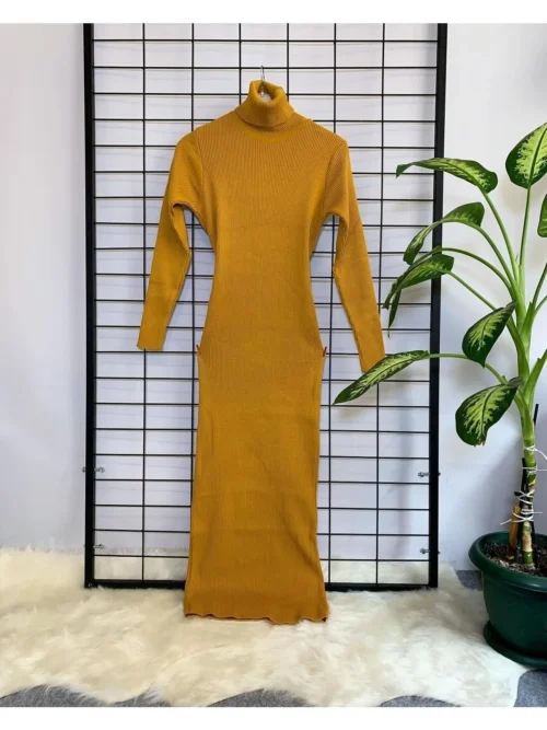 Kadın Midi Boy Camel Tam Balıkçı Fitilli Basic Triko Elbise