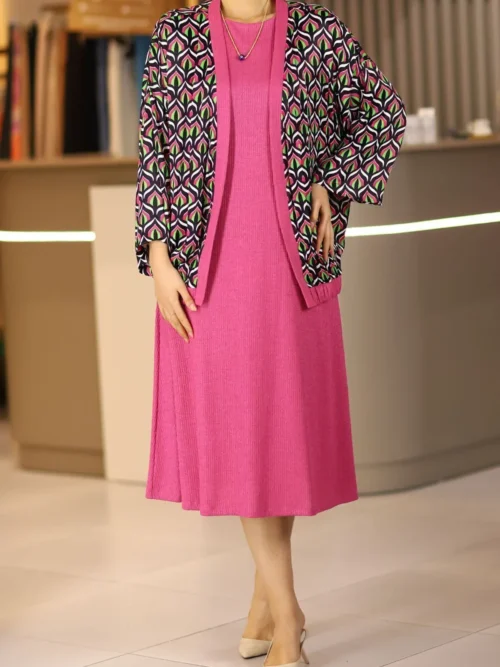 Kadın Pembe Büyük Beden Örme Elbise Üzeri Saten Hırka