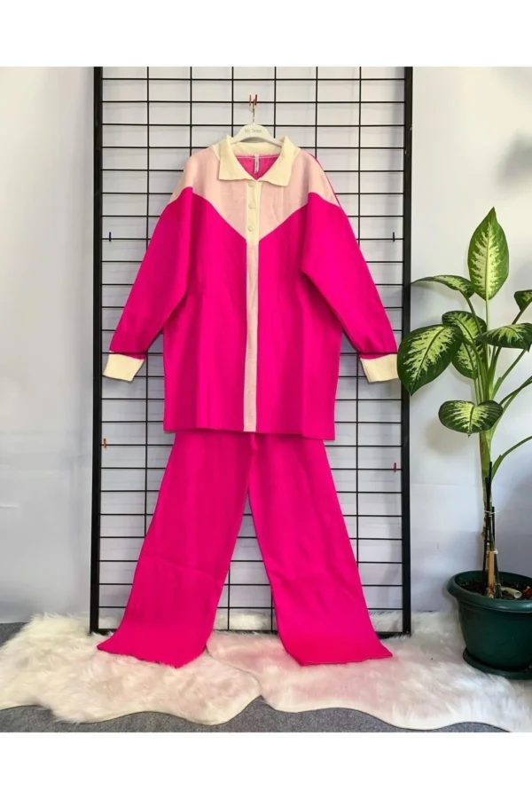 Kadın Pembe Düğme Detaylı Triko Takım Spor Günlük Salaş