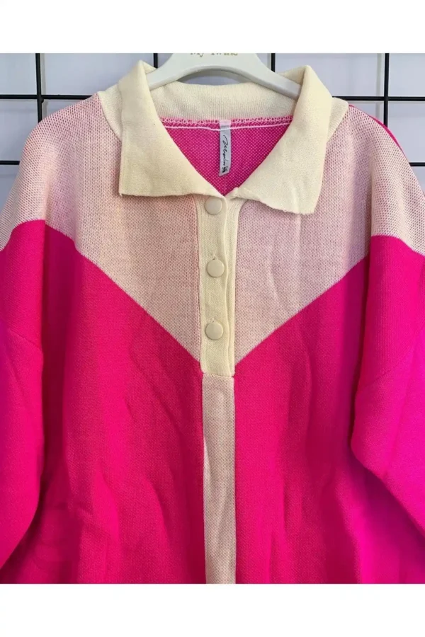 Kadın Pembe Düğme Detaylı Triko Takım Spor Günlük Salaş