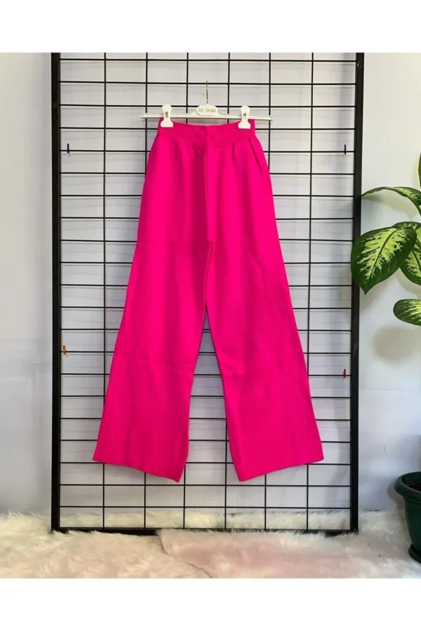 Kadın Pembe Düğme Detaylı Triko Takım Spor Günlük Salaş