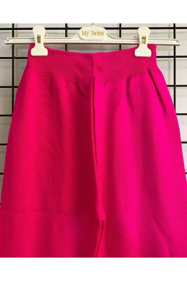 Kadın Pembe Düğme Detaylı Triko Takım Spor Günlük Salaş