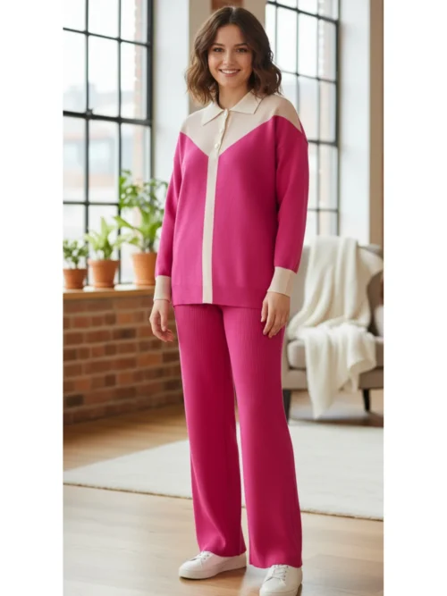 Kadın Pembe Düğme Detaylı Triko Takım Spor Günlük Salaş