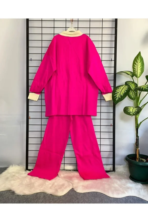 Kadın Pembe Düğme Detaylı Triko Takım Spor Günlük Salaş