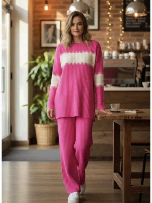 Kadın Pembe Fitilli Triko Ikili Takım Spor Günlük Salaş