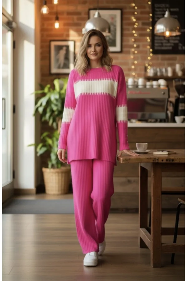 Kadın Pembe Fitilli Triko Ikili Takım Spor Günlük Salaş