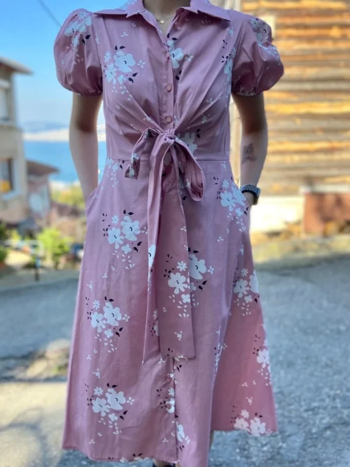 Kadın Pembe Midi Boy Çiçek Desen Günlük Elbise