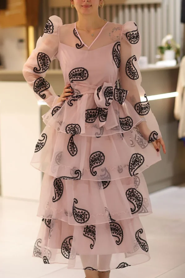 Kadın Pembe Şal Desen Organze Kumaş Kat Kat Etekli Kuşaklı Tül Abiye Düğün Nişan Nikah Mevlüt Elbise