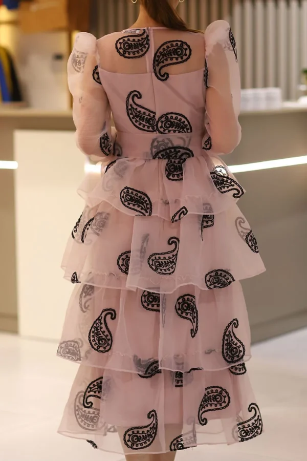 Kadın Pembe Şal Desen Organze Kumaş Kat Kat Etekli Kuşaklı Tül Abiye Düğün Nişan Nikah Mevlüt Elbise