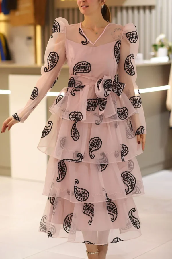 Kadın Pembe Şal Desen Organze Kumaş Kat Kat Etekli Kuşaklı Tül Abiye Düğün Nişan Nikah Mevlüt Elbise