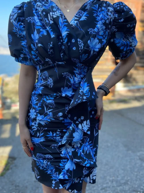 Kadın Saks Siyah Kısa Boy Düğün Davet Nişan Kına Parti Abiye Elbise