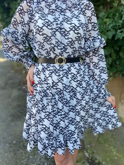 Kadın Siyah Beyaz Uzun Kol Kısa Boy Şifon Elbise