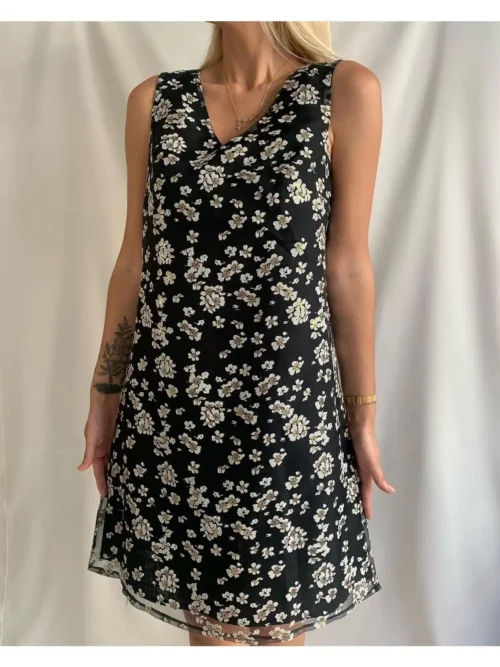 Kadın Siyah Keten Üzeri Tül Kaplı Siyah Elbise