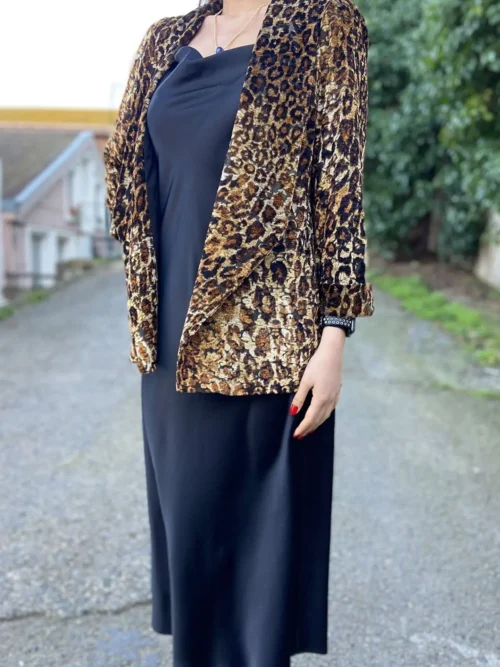 Kadın Siyah Leopar Desen Ceketli Midi Boy Saten Elbise