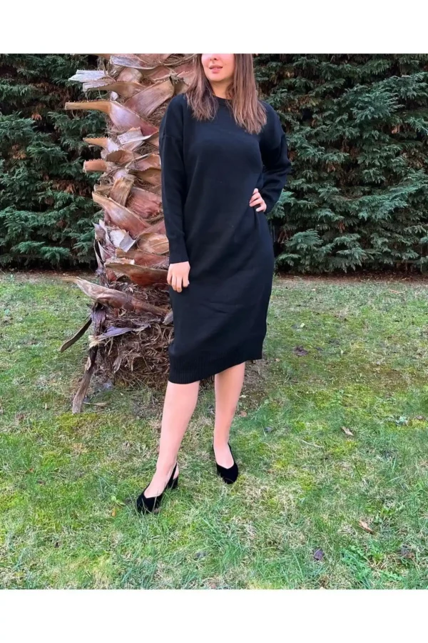 Kadın Siyah Midi Boy Basic Triko Elbise