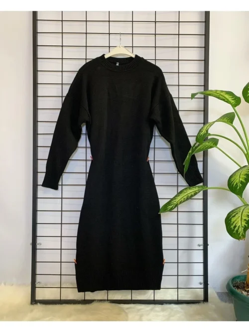 Kadın Siyah Midi Boy Basic Triko Elbise