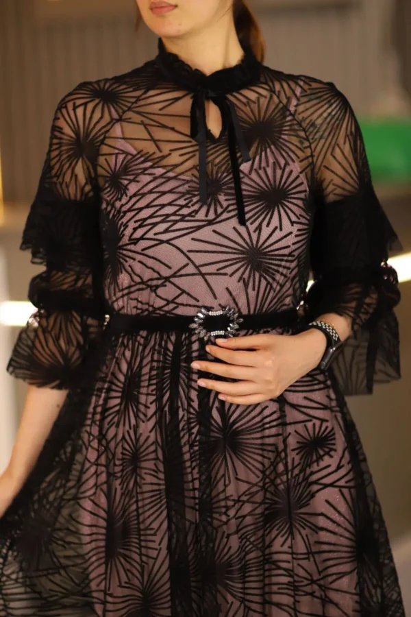 Kadın Siyah Midi Boy Dantel Detaylı Abiye Düğün Nişan Kına Mevlüt Gece Davet Elbise