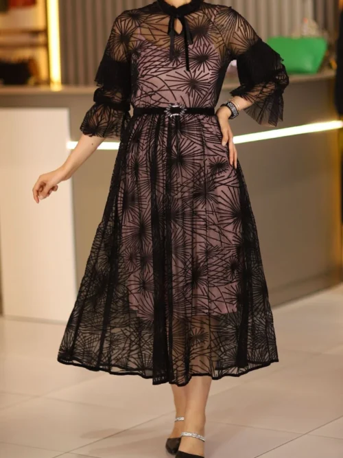 Kadın Siyah Midi Boy Dantel Detaylı Abiye Düğün Nişan Kına Mevlüt Gece Davet Elbise