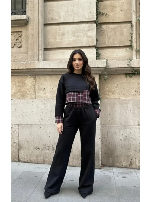 Kadın Siyah Üç Iplik Şardonlu Spor Eşofman Takım