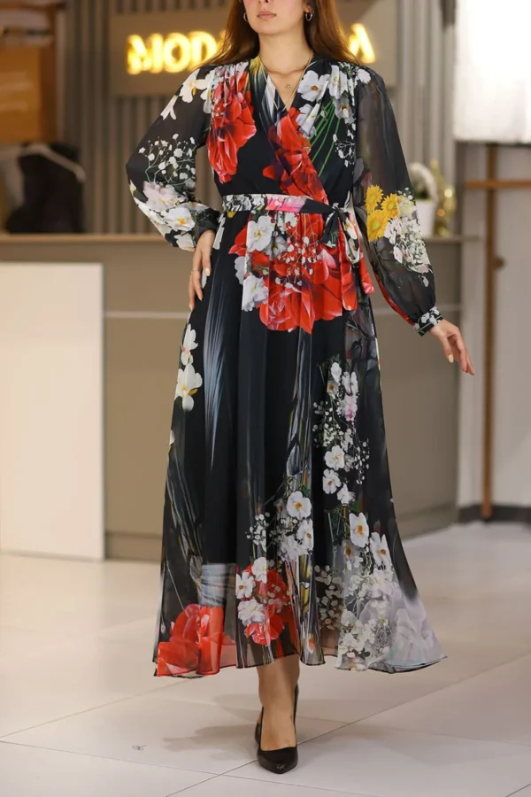 Kadın Siyah Uzun Boy Uzun Kol Çiçek Desen Kruvaze Şifon Kloş Elbise