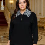 Kadın Yakası Kürklü Üç İplik Şardonlu Sweat - Siyah