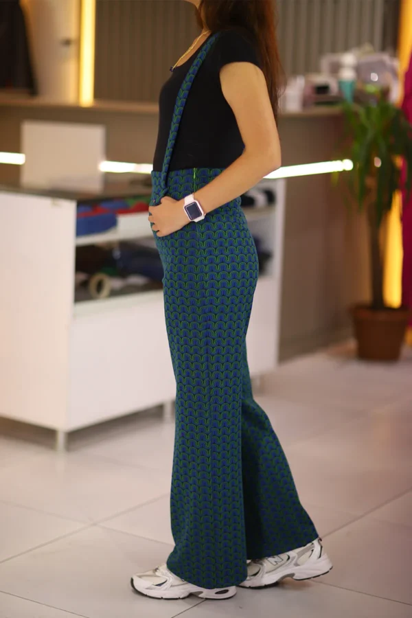 Kadın Yeşil Bol Paça Askı Detaylı Pantolon