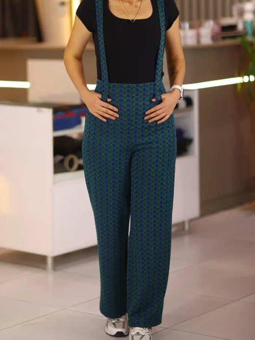 Kadın Yeşil Bol Paça Askı Detaylı Pantolon