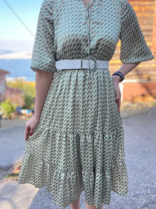 Kadın Yeşil Midi Boy Saten Kloş Elbise