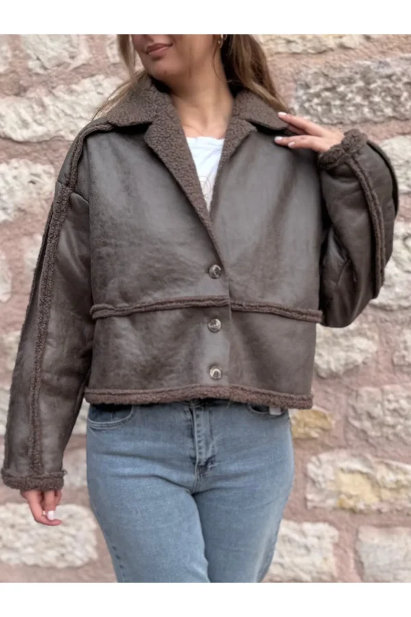 Kahverengi Peluş Şeritli 3 Düğmeli Deri Ceket