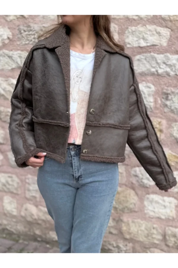 Kahverengi Peluş Şeritli 3 Düğmeli Deri Ceket