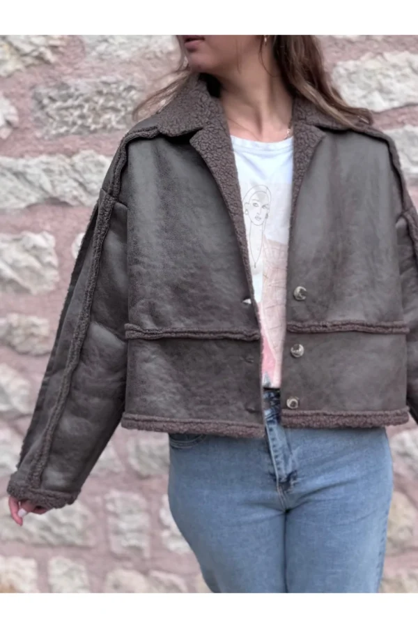 Kahverengi Peluş Şeritli 3 Düğmeli Deri Ceket