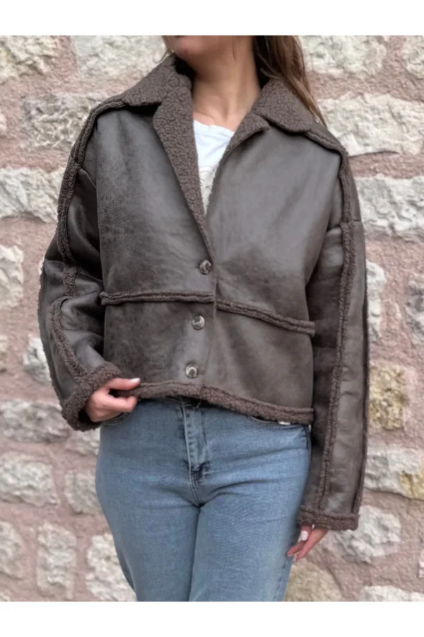 Kahverengi Peluş Şeritli 3 Düğmeli Deri Ceket