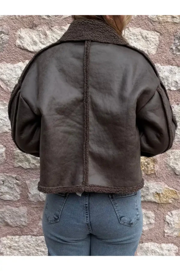 Kahverengi Peluş Şeritli 3 Düğmeli Deri Ceket