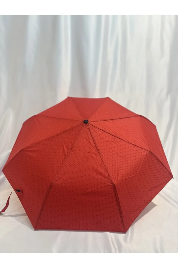 Kırmızı 8 Telli Tam Otomatik Rüzgara Dayanıklı Küçük Puantiye Desenli Şemsiye