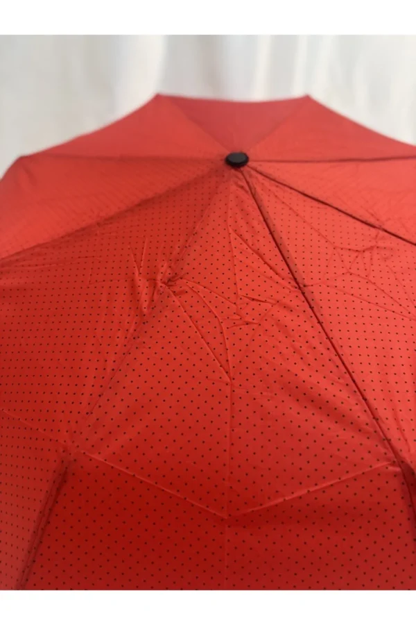 Kırmızı 8 Telli Tam Otomatik Rüzgara Dayanıklı Küçük Puantiye Desenli Şemsiye