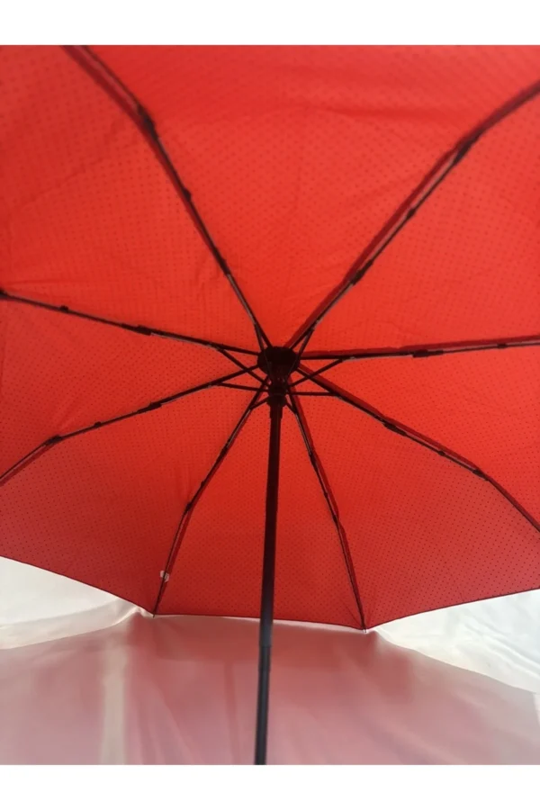Kırmızı 8 Telli Tam Otomatik Rüzgara Dayanıklı Küçük Puantiye Desenli Şemsiye