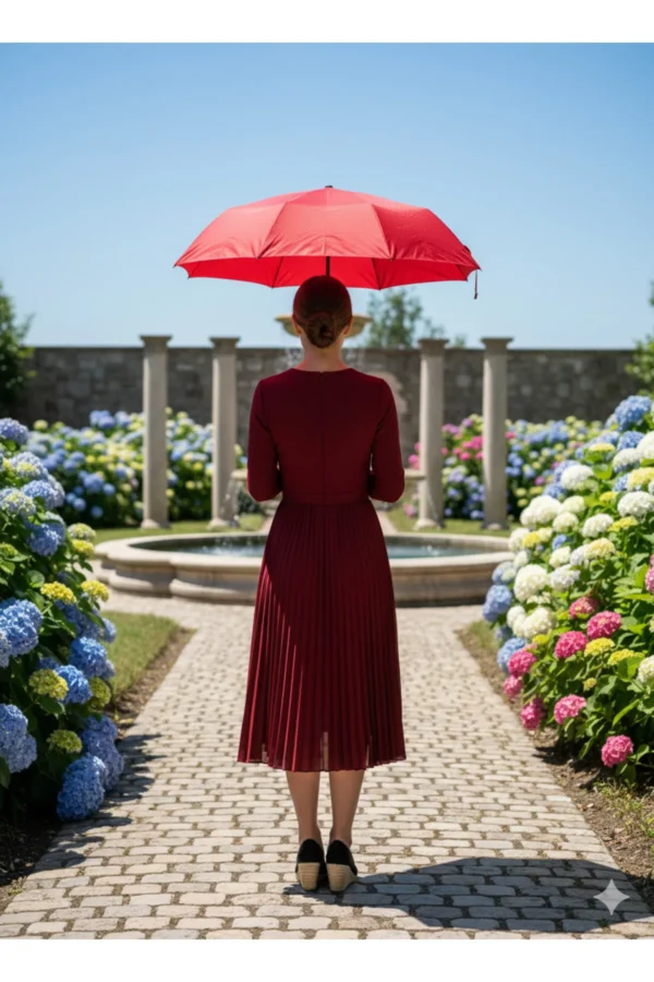 Kırmızı 8 Telli Tam Otomatik Rüzgara Dayanıklı Küçük Puantiye Desenli Şemsiye