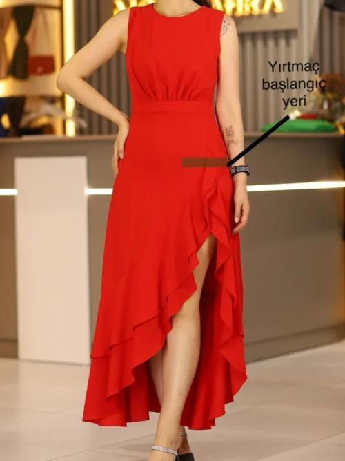 Kırmızı Derin Yırtmaçlı Uzun Fırfırlı Kolsuz Abiye Elbise Düğün Kına Nişan After Parti Abiye