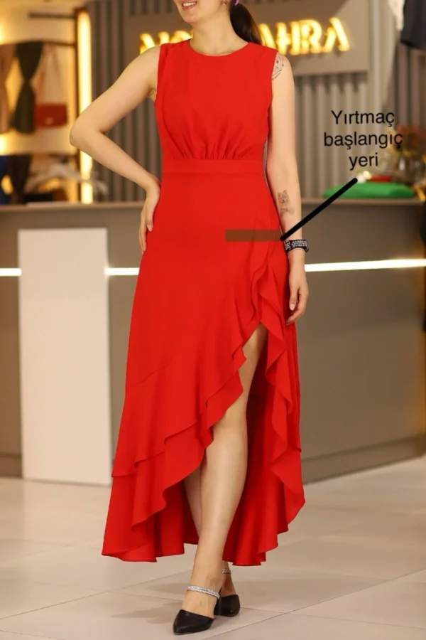 Kırmızı Derin Yırtmaçlı Uzun Fırfırlı Kolsuz Abiye Elbise Düğün Kına Nişan After Parti Abiye
