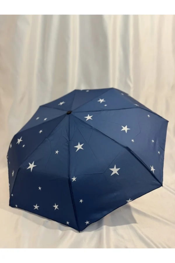Lacivert 8 Telli Tam Otomatik Rüzgara Dayanıklı Yıldız Desenli Şemsiye