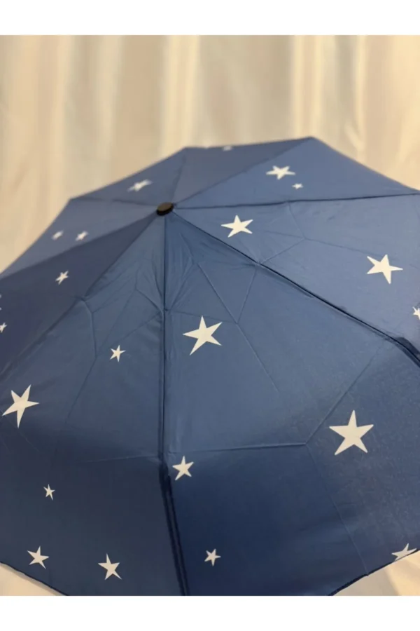 Lacivert 8 Telli Tam Otomatik Rüzgara Dayanıklı Yıldız Desenli Şemsiye