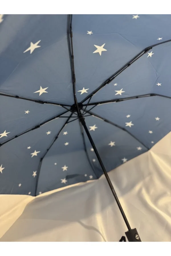 Lacivert 8 Telli Tam Otomatik Rüzgara Dayanıklı Yıldız Desenli Şemsiye