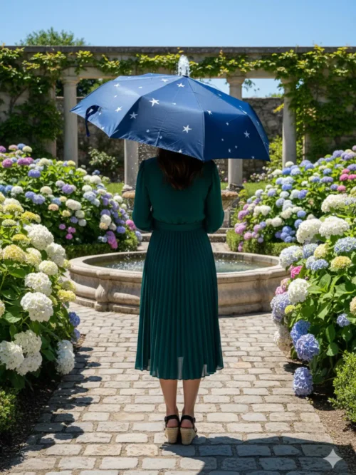 Lacivert 8 Telli Tam Otomatik Rüzgara Dayanıklı Yıldız Desenli Şemsiye