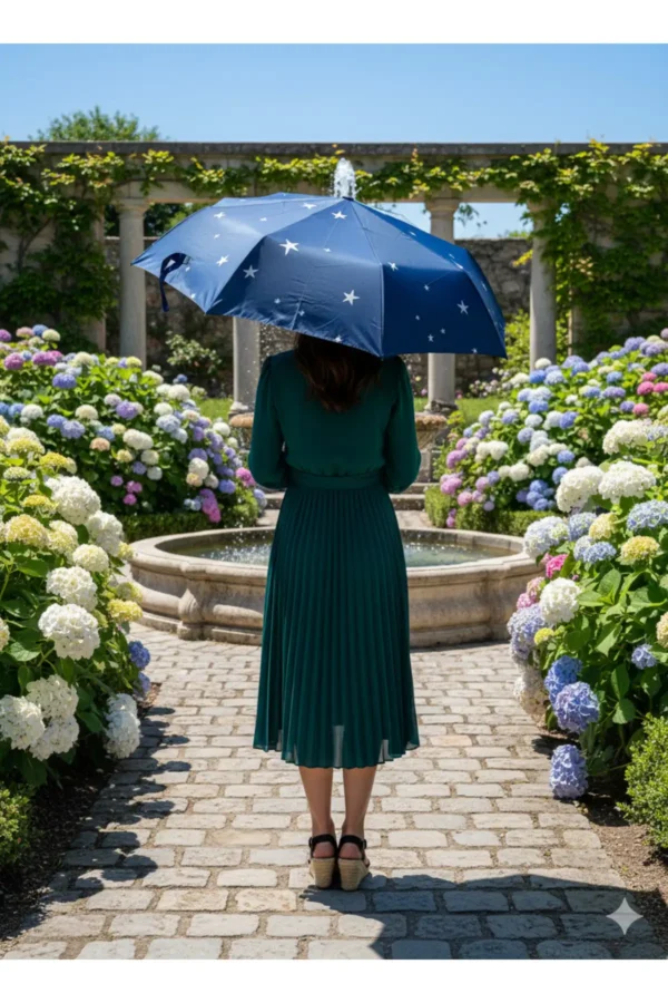 Lacivert 8 Telli Tam Otomatik Rüzgara Dayanıklı Yıldız Desenli Şemsiye