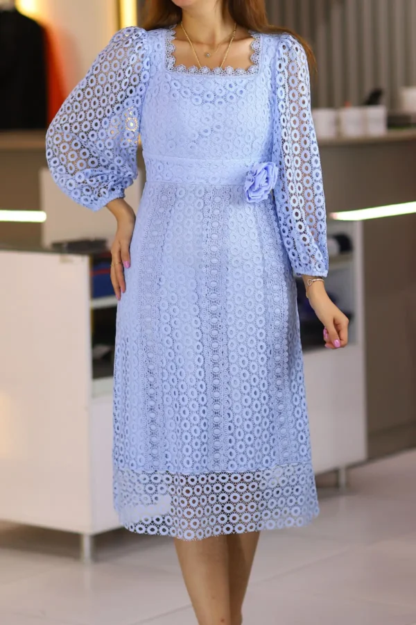 Mavi Midi Boy Uzun Kol Tamamı Fisto Dantelli Abiye A Kesim Etek Isteme Söz Düğün Nikah Elbise